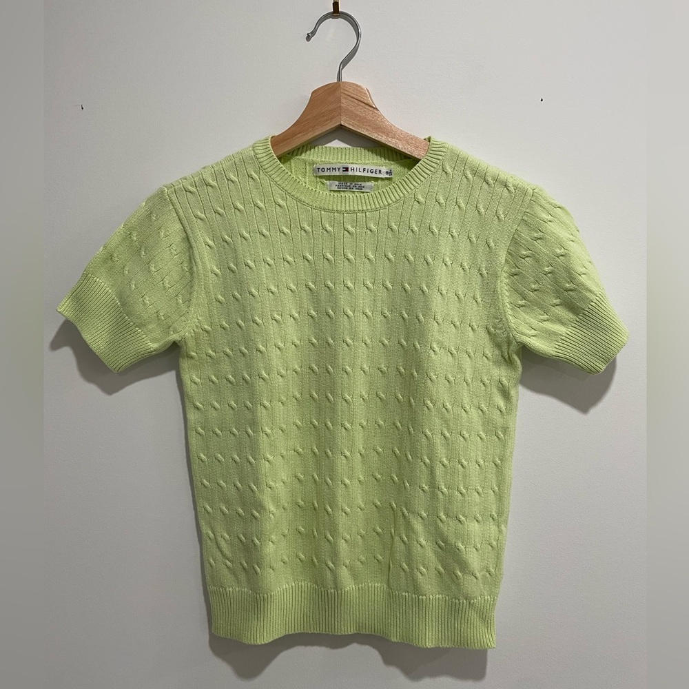 Tommy Hilfiger USA Cable-Knit Short-Sleeve Sweater Light Green